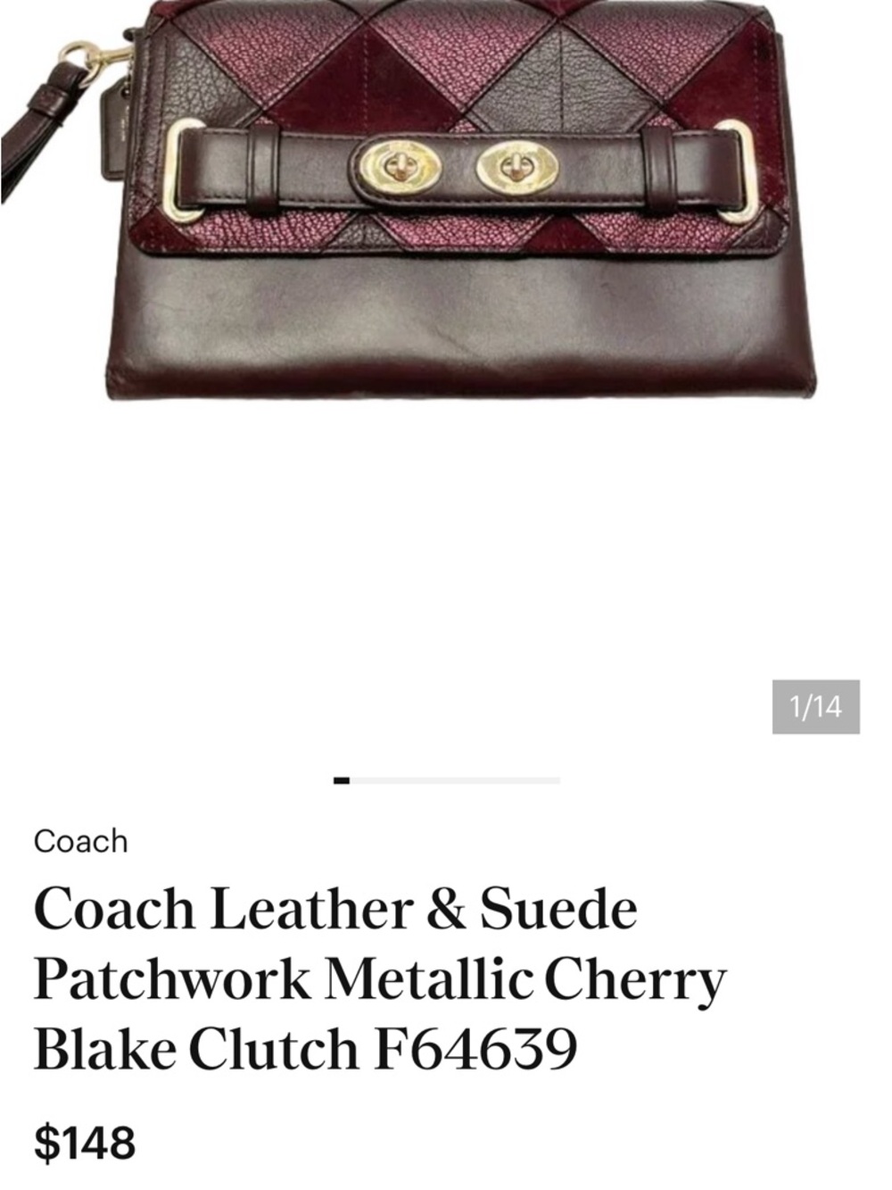 Coach leather and suede patchwork metallic cherry Blake Turnlock clutch - Picture 14 of 14